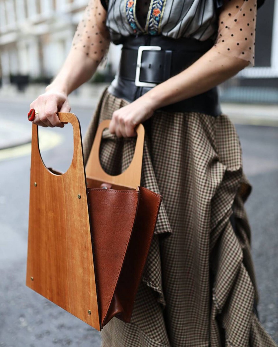 Think Feel Discover at Mayfair London for London Fashion Week Street Style 2020 with Wood Experience Bag