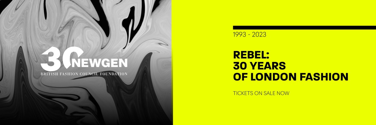 REBEL: 30 years of London Fashion, banner of the exhibition of Design Museum with the British Fashion Council, sponsored by Alexander McQueen at London fashion Week September 2023.