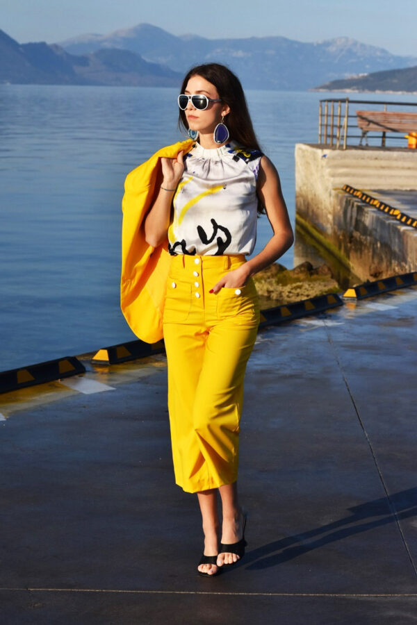 Yellow straight-leg wool trousers