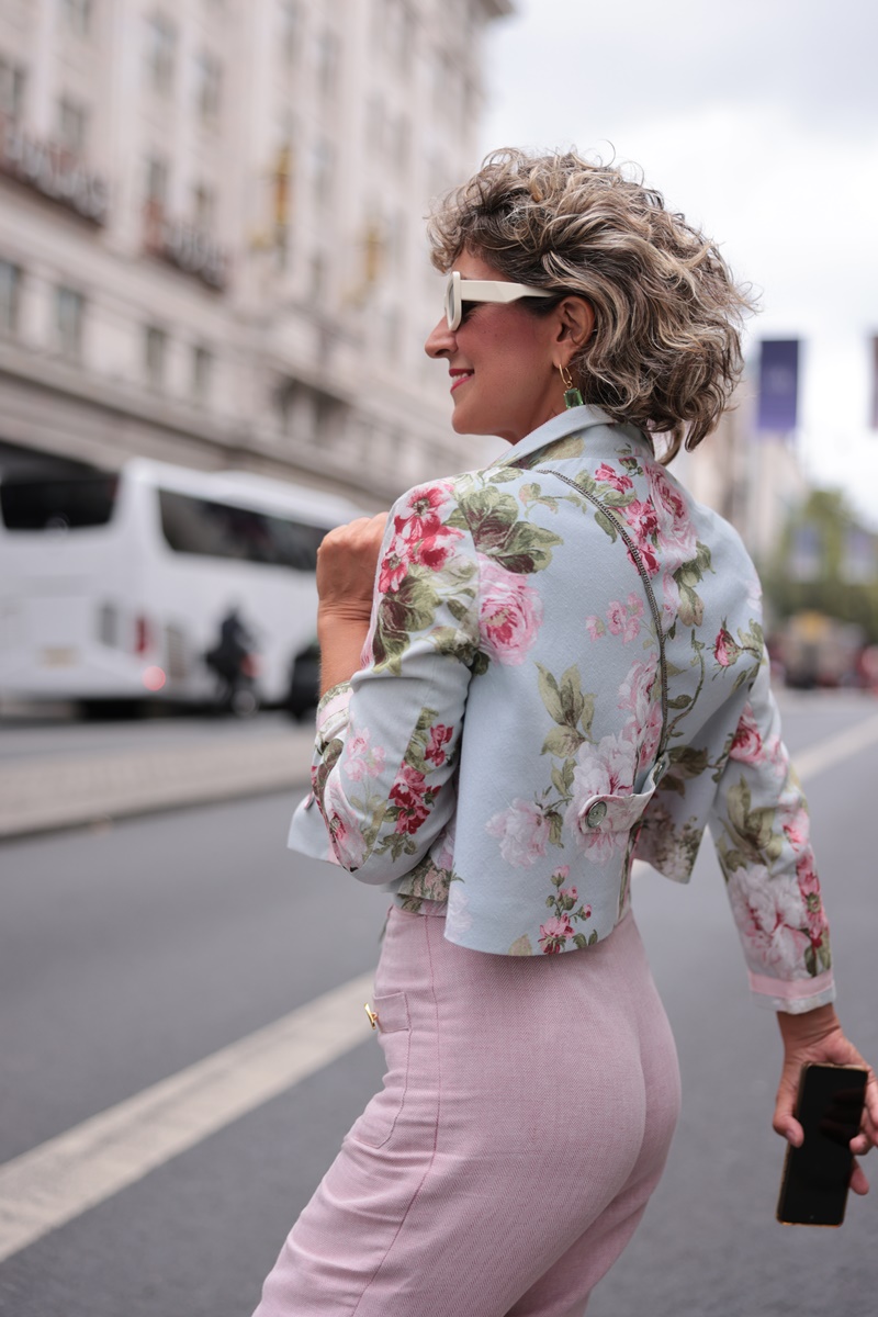 London Fashion Week Street Style 2024 by Think-Feel-Discover.com at Mayfair London, floral cropped jacket.