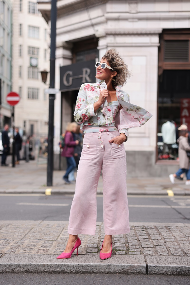 London Fashion Week Street Style 2024 by Think-Feel-Discover.com at Mayfair London, floral cropped jacket.