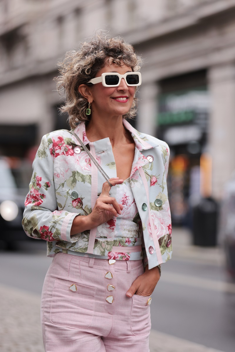 London Fashion Week Street Style 2024 by Think-Feel-Discover.com at Mayfair London, floral cropped jacket.