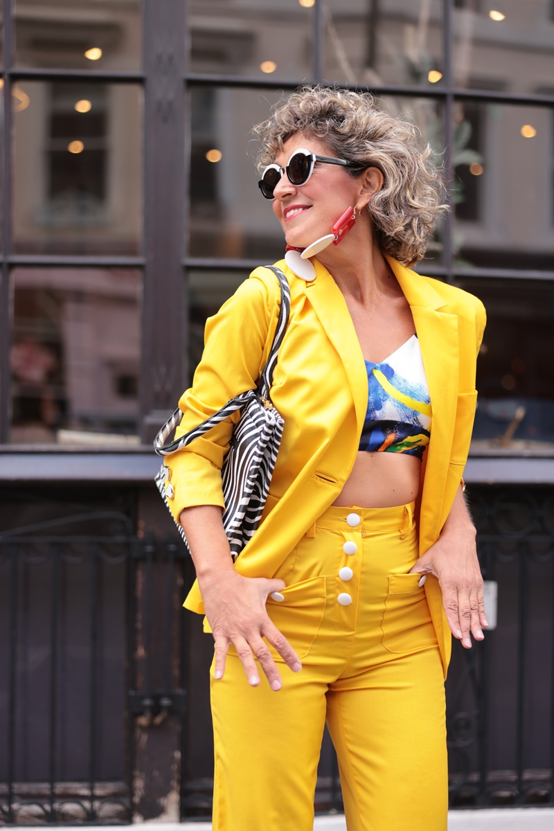 London Fashion Week Street Style 2024 by Think-Feel-Discover.com at Mayfair London, yellow wool blazer.