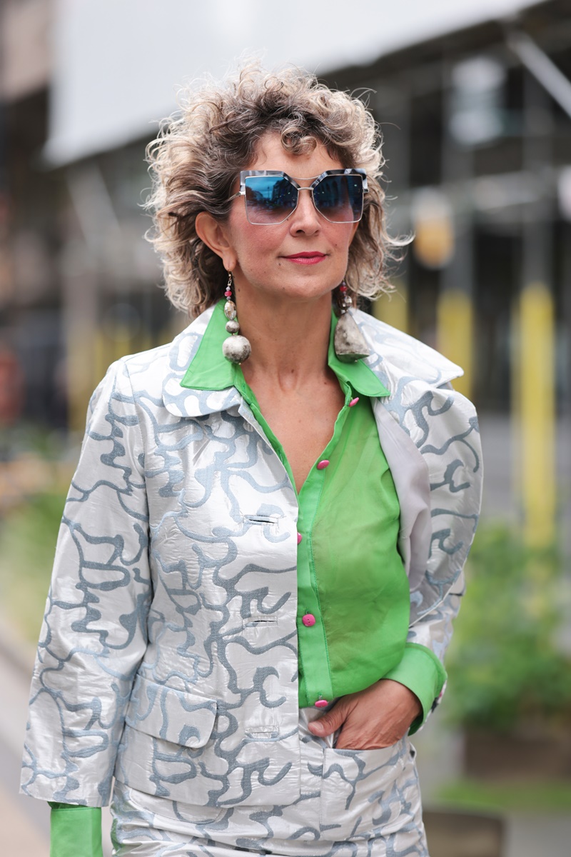 London Fashion Week Street Style 2024 by Think-Feel-Discover.com at Mayfair London, silver silk blazer.