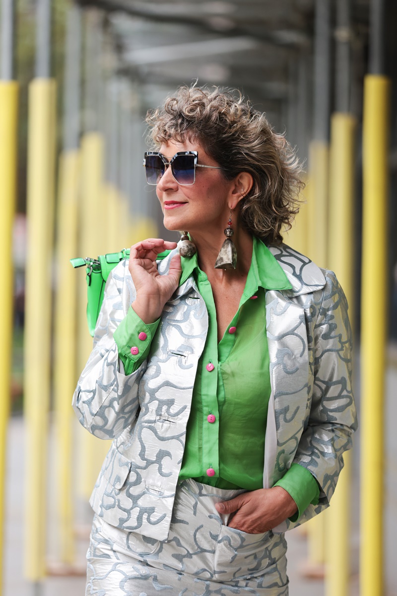 London Fashion Week Street Style 2024 by Think-Feel-Discover.com at Mayfair London, silver silk blazer.