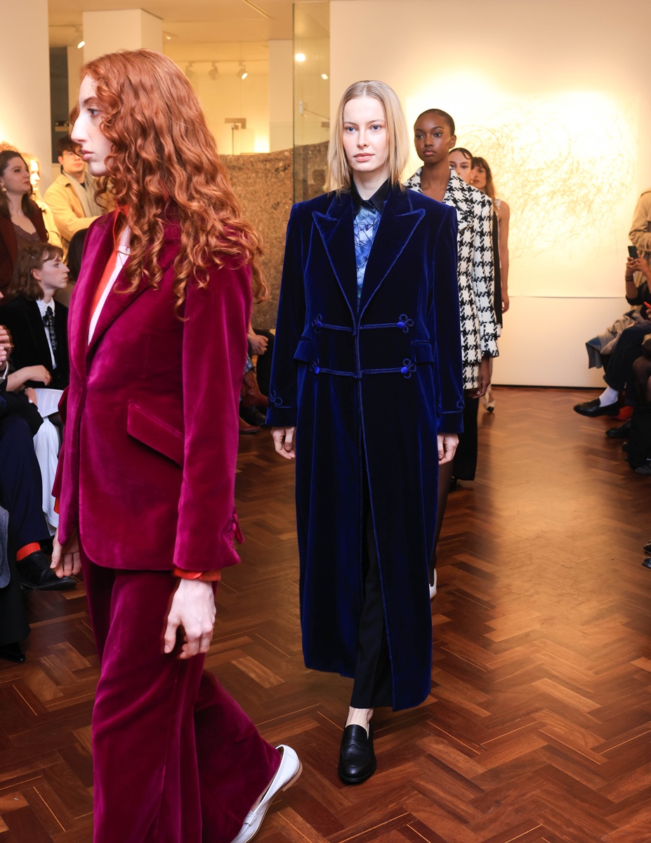 Blue Raven Velvet coat by Banshee of Savile Row at the London Fashion Week February 2025.