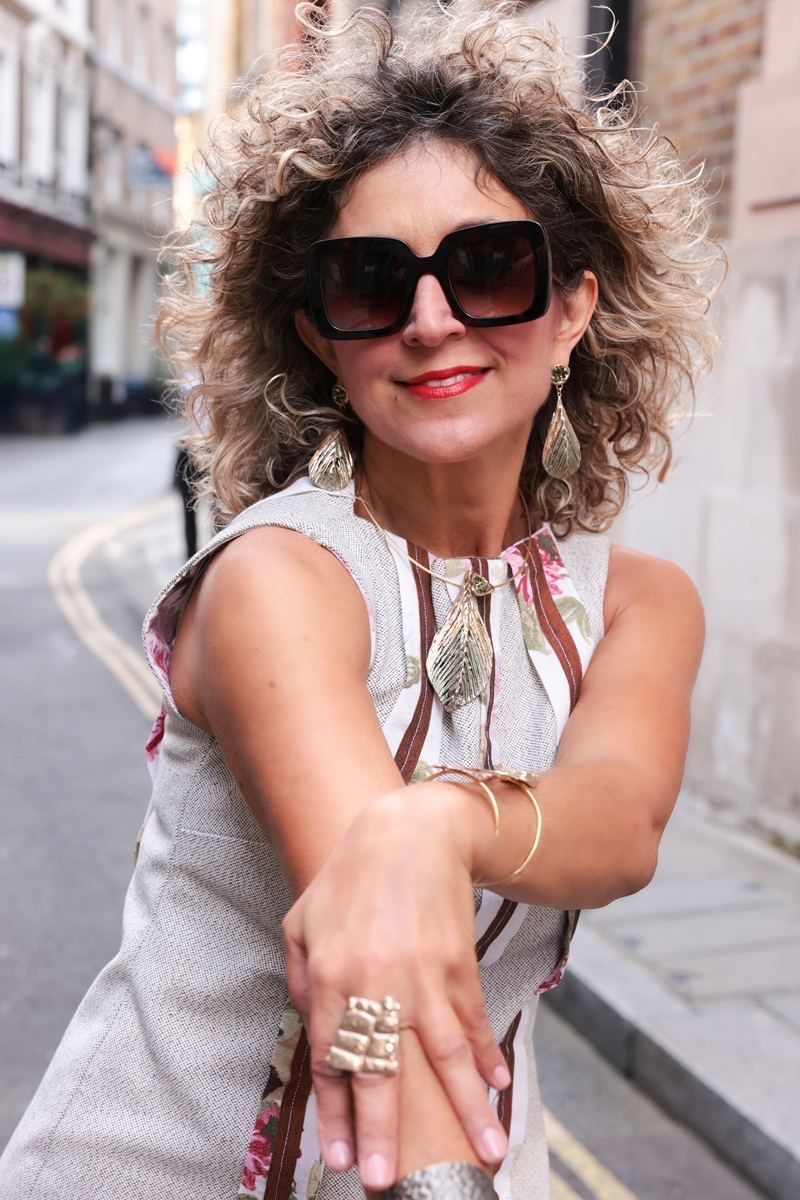 Statement earrings by Tina Kotsoni handcrafted jewellery, London Fashion Week street style 2025 b y Chrysanthi Kosmatou, Think-Feel-Discover.com