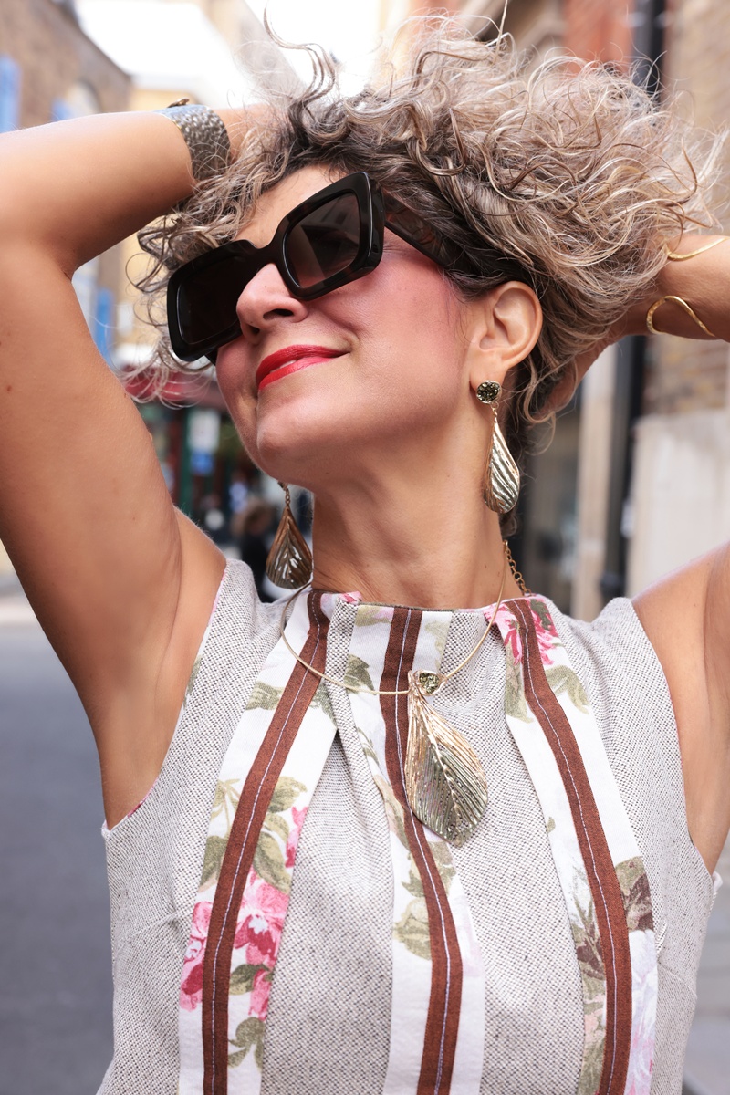 Statement earrings by Tina Kotsoni handcrafted jewellery, London Fashion Week street style 2025 b y Chrysanthi Kosmatou, Think-Feel-Discover.com