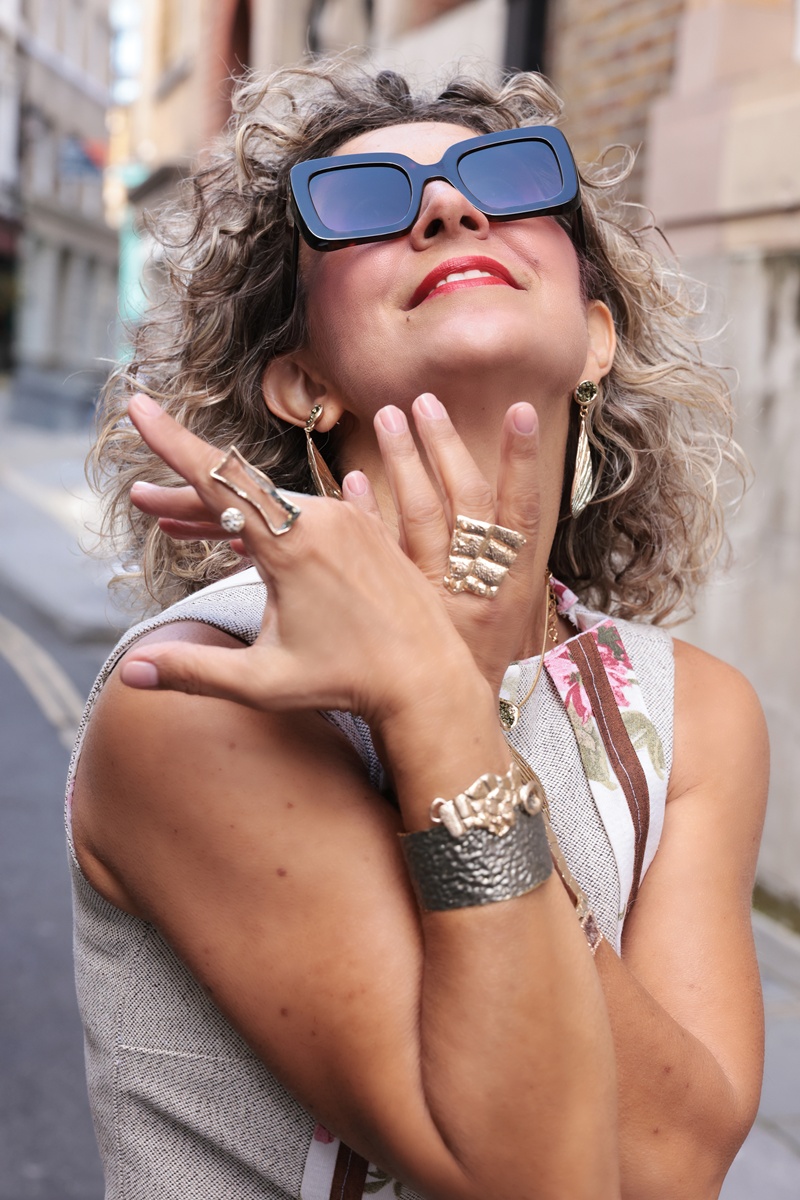 Statement cuff bracelets by Tina Kotsoni handcrafted jewellery, London Fashion Week street style 2025 b y Chrysanthi Kosmatou, Think-Feel-Discover.com
