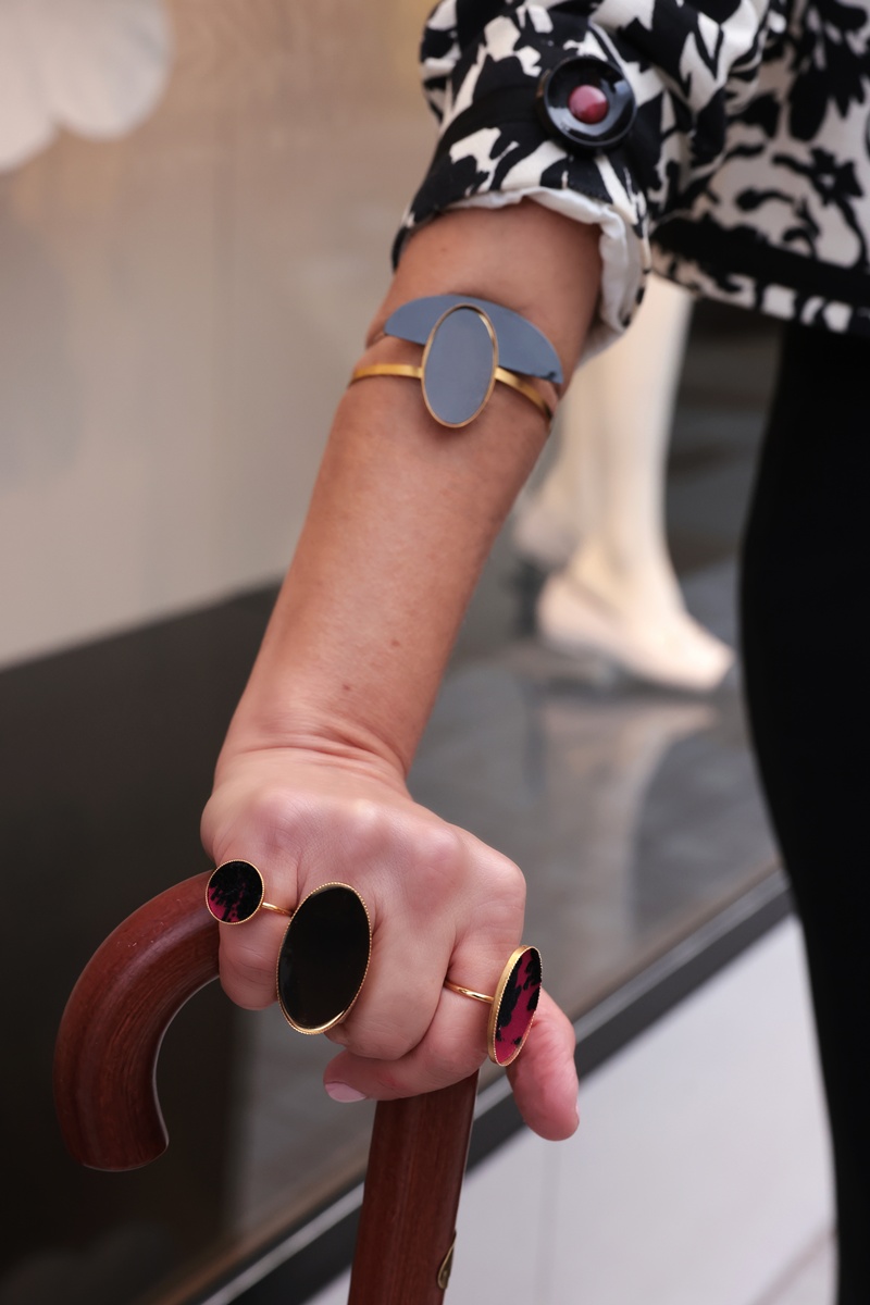 Statement cuff-bracelets by Miaou Niaou Barbara Perrakis handmade jewelry designer at London Fashion Week February 2026.