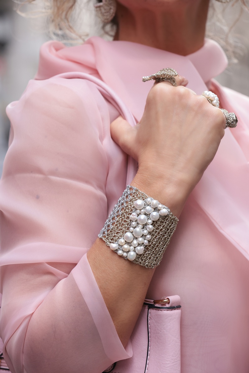 Handmade cuffs by Vasso Galati, Milan Fashion Week Street Style 2026